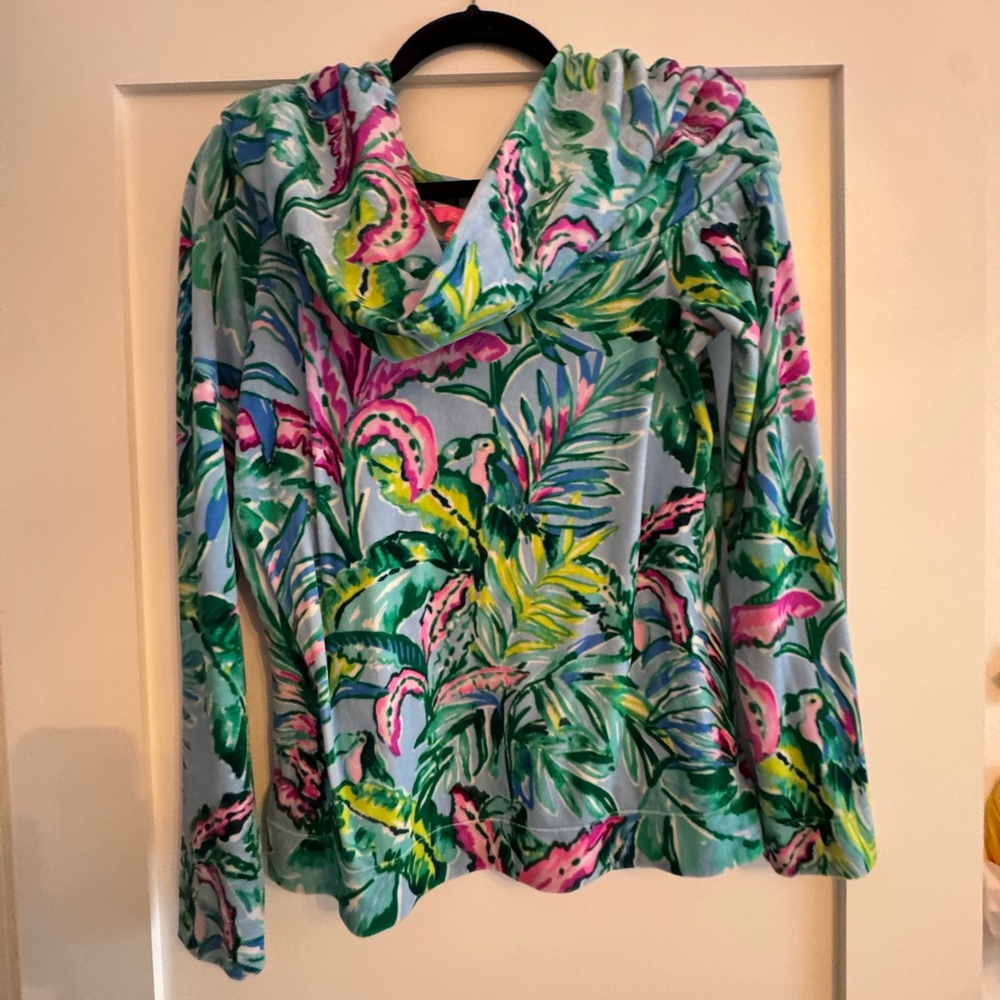 Lilly Pulitzer Tropical Hoodie in Light Blue with Pink & Green Accents